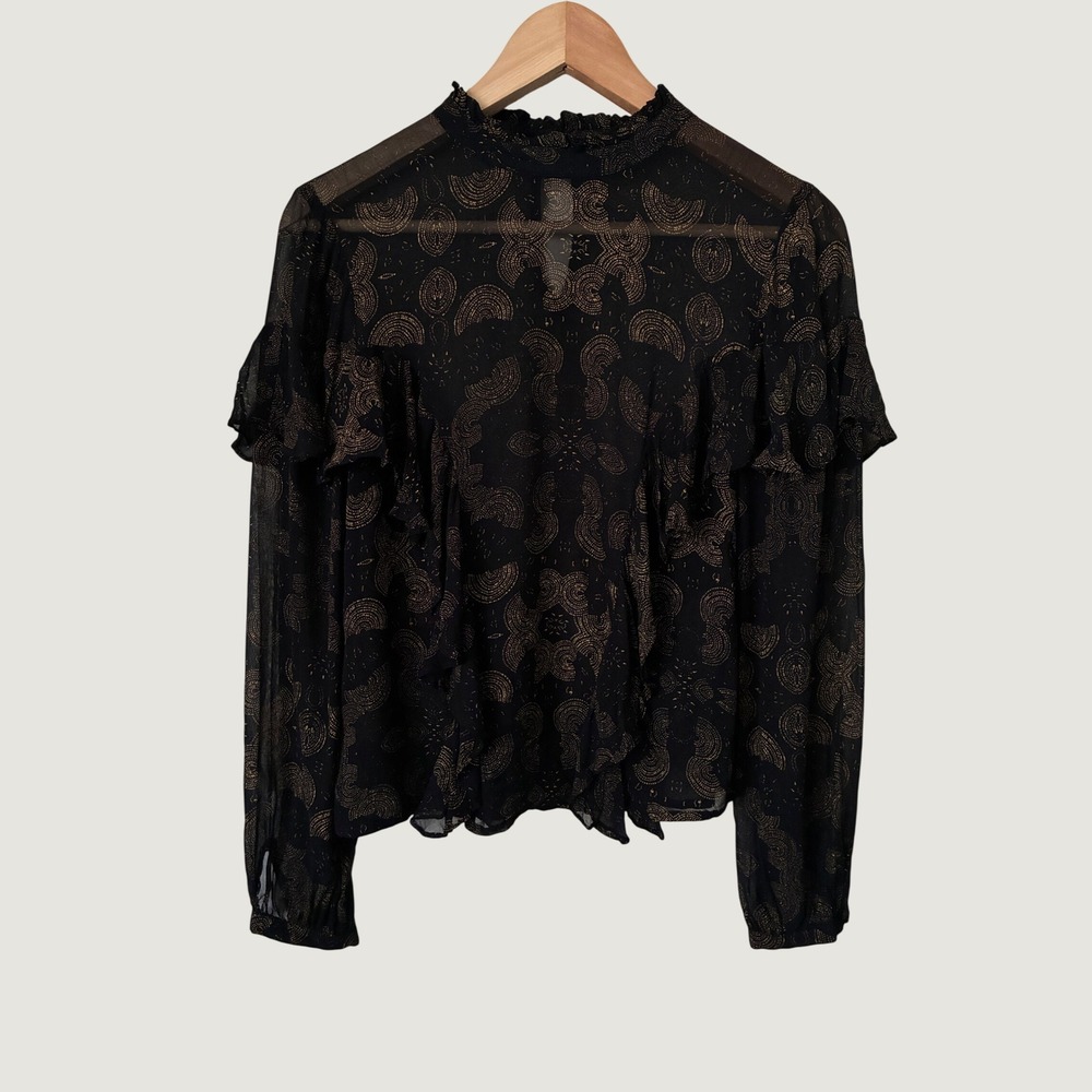 Lucky Brand Womens XS Black Gold Metallic Ruffle Sheer Grunge Mock Neck Blouse